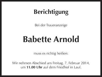 Traueranzeige von Babette Arnold von Pegnitz-Zeitung
